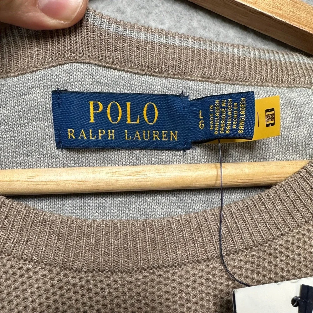 Polo Ralph Lauren Mens Brown Birds Eye Knit Cotton Crewneck Sweater Large NEW